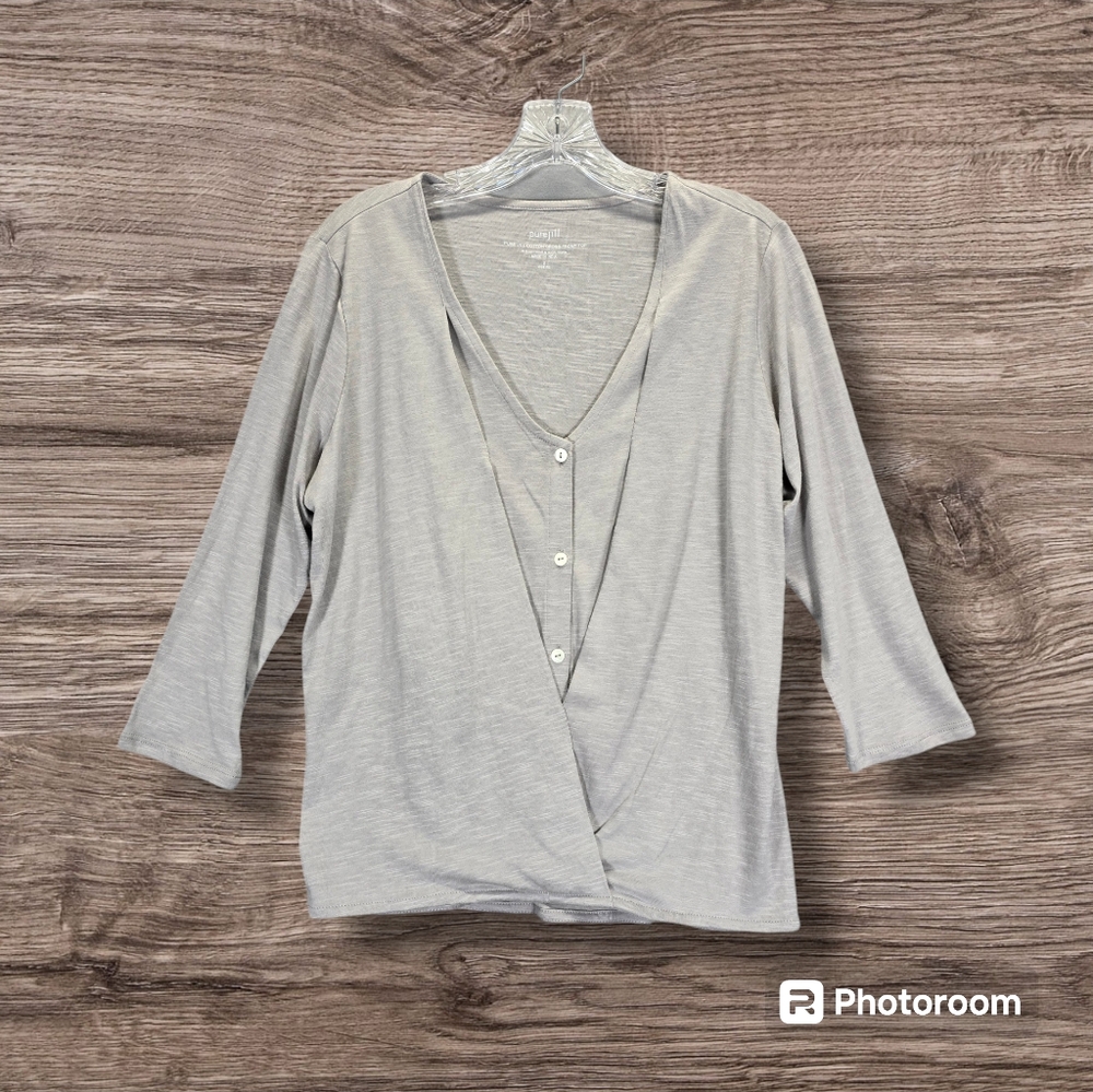 Pure Jill Cotton Cross-Front Top  Wrap Button Up 3/4 Sleeve Stretch Soft